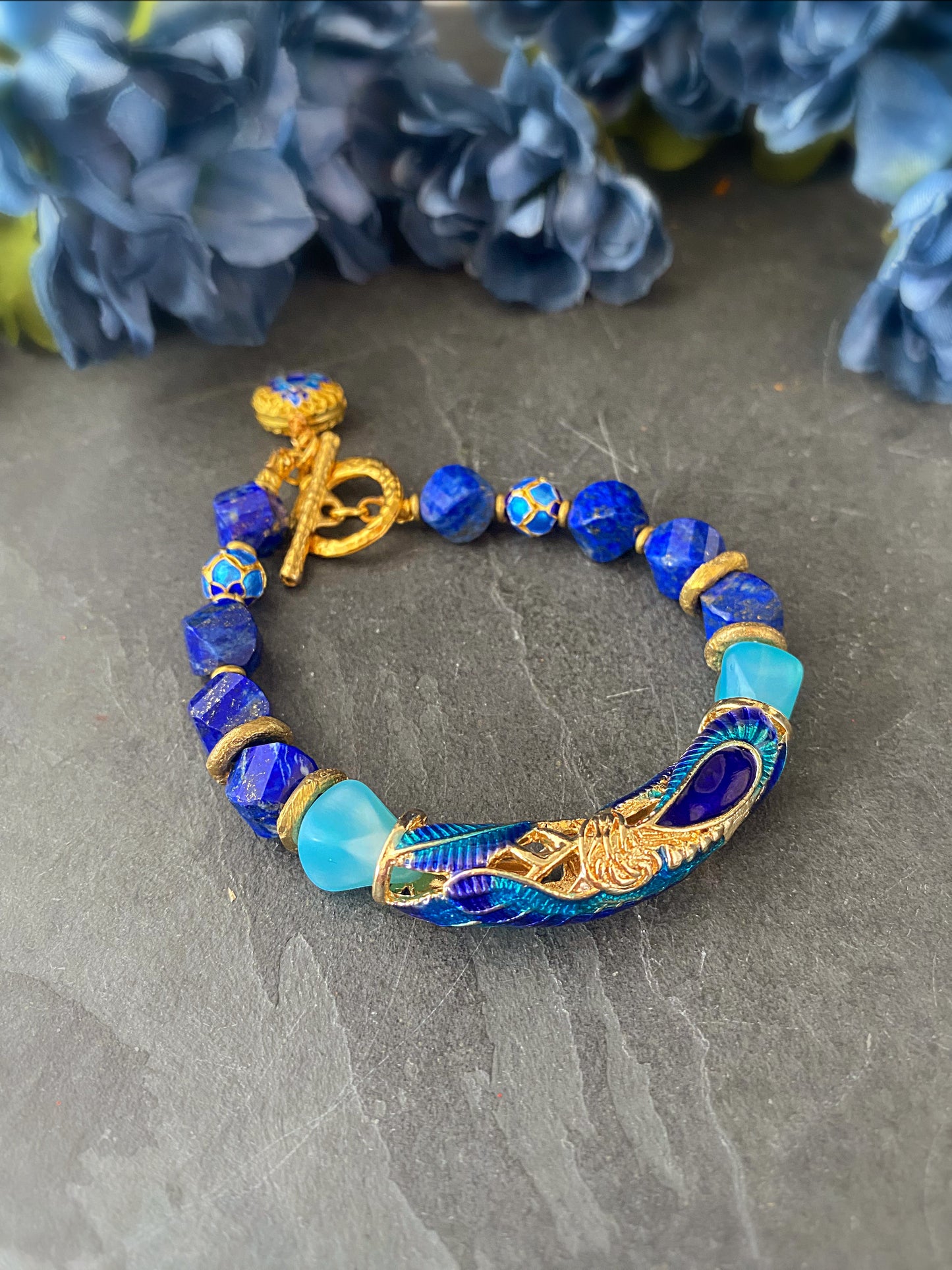 Peacock bracelet. Lapis lazuli stone, cloisonné cuff, czech glass, bracelet, KIT