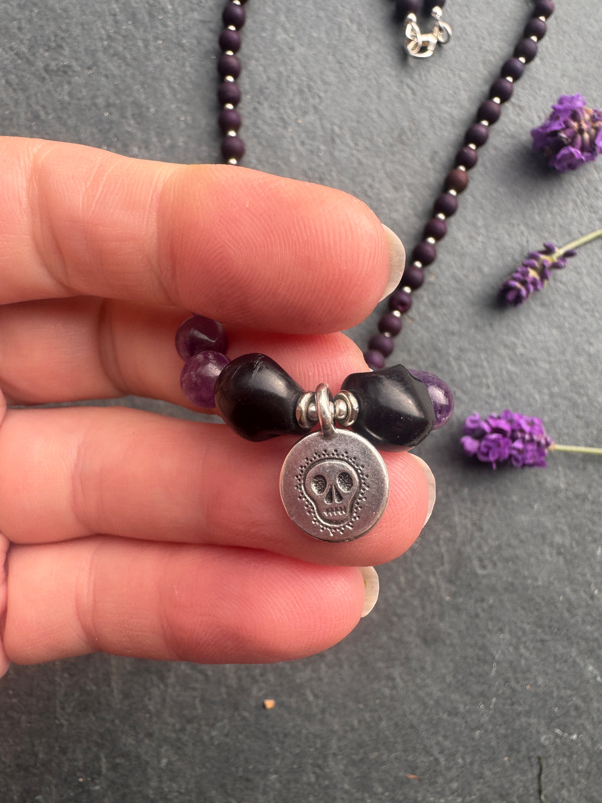 Amethyst stone, druzy stone, back skull, silver metal, Halloween, necklace