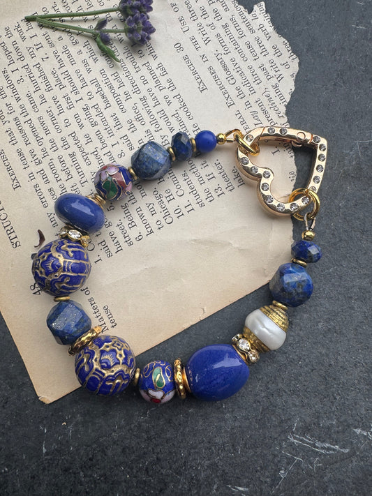 Lapis lazuli stone, ceramic, Cloisonné, pearls, gold metal, bracelet, carabiner clasp