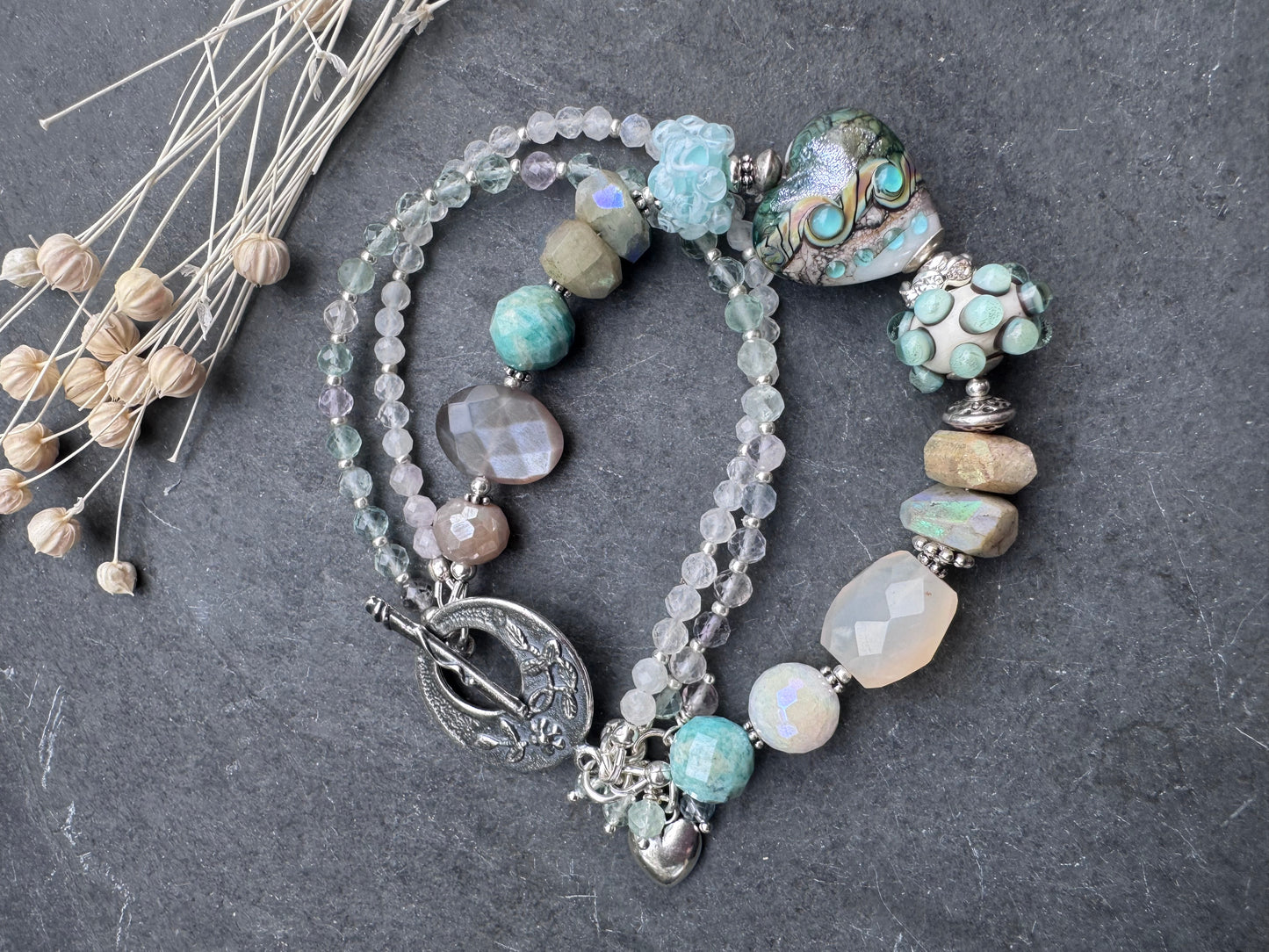 lampwork glass, amazonite , moonstone, fluorite, chalcedony, silver metal, bracelet