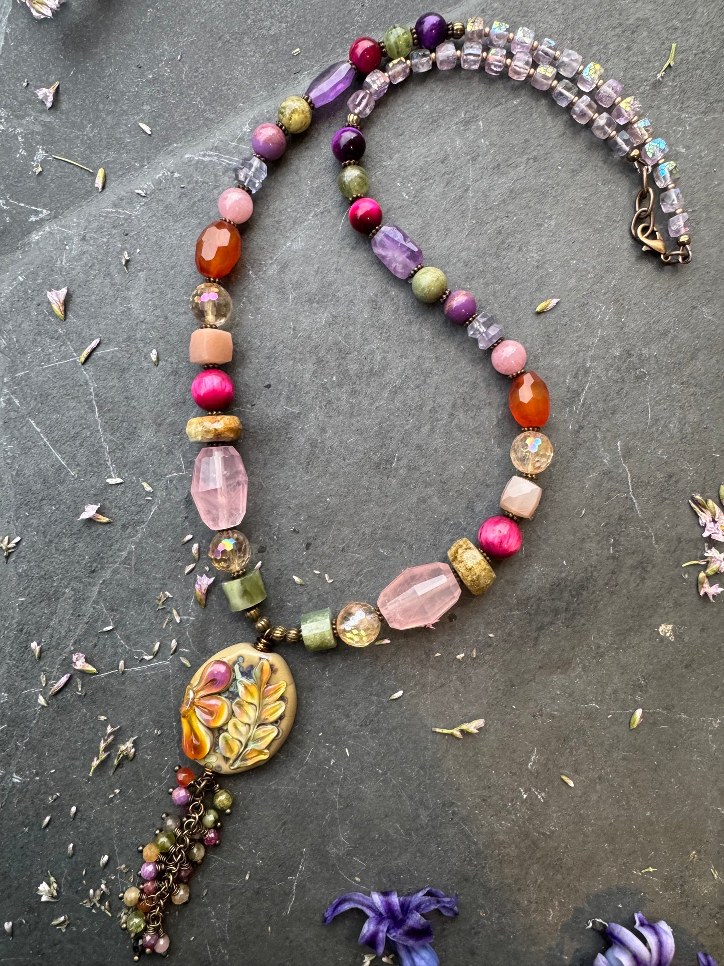 Handmade lampwork glass pendant, mixed gemstone, bronze metal necklace