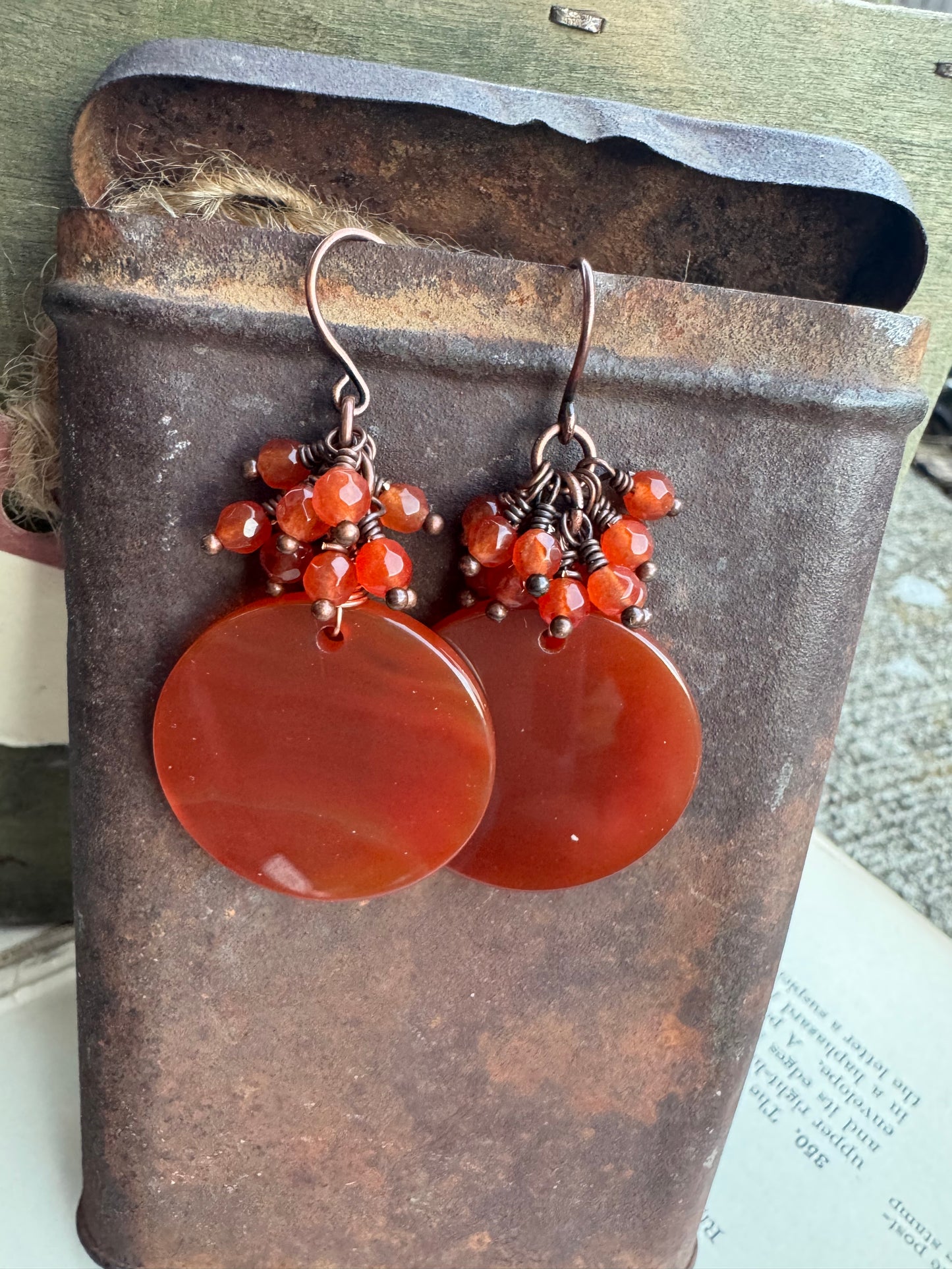 Carnelian agate stone, orange, copper metal, earrings