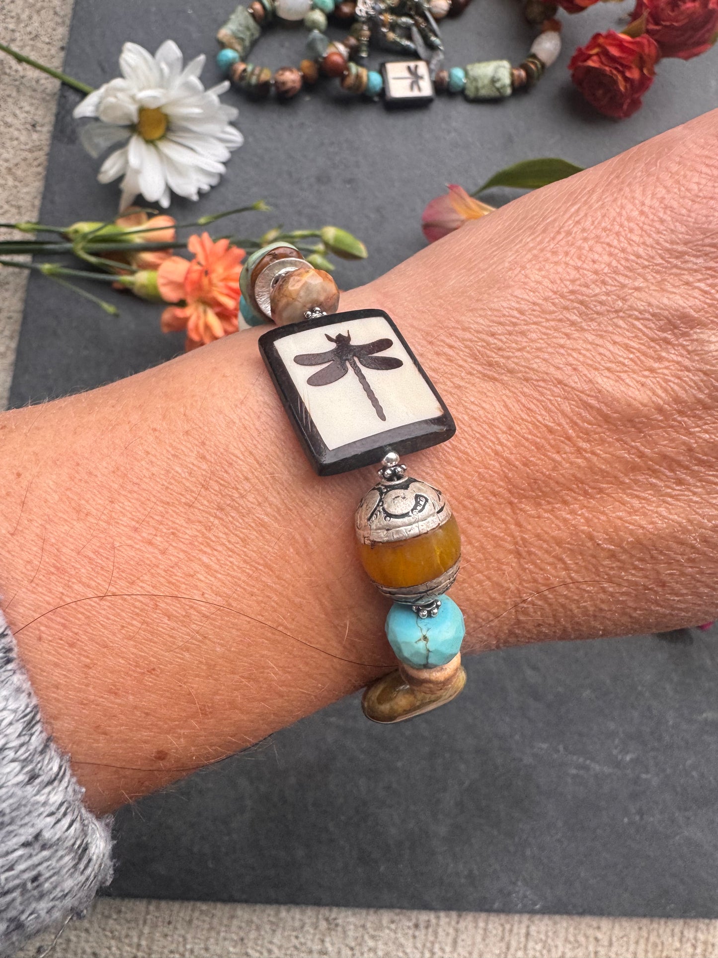 Turquoise, agate, green opal, Roman glass, czech glass, silver metal, bracelet