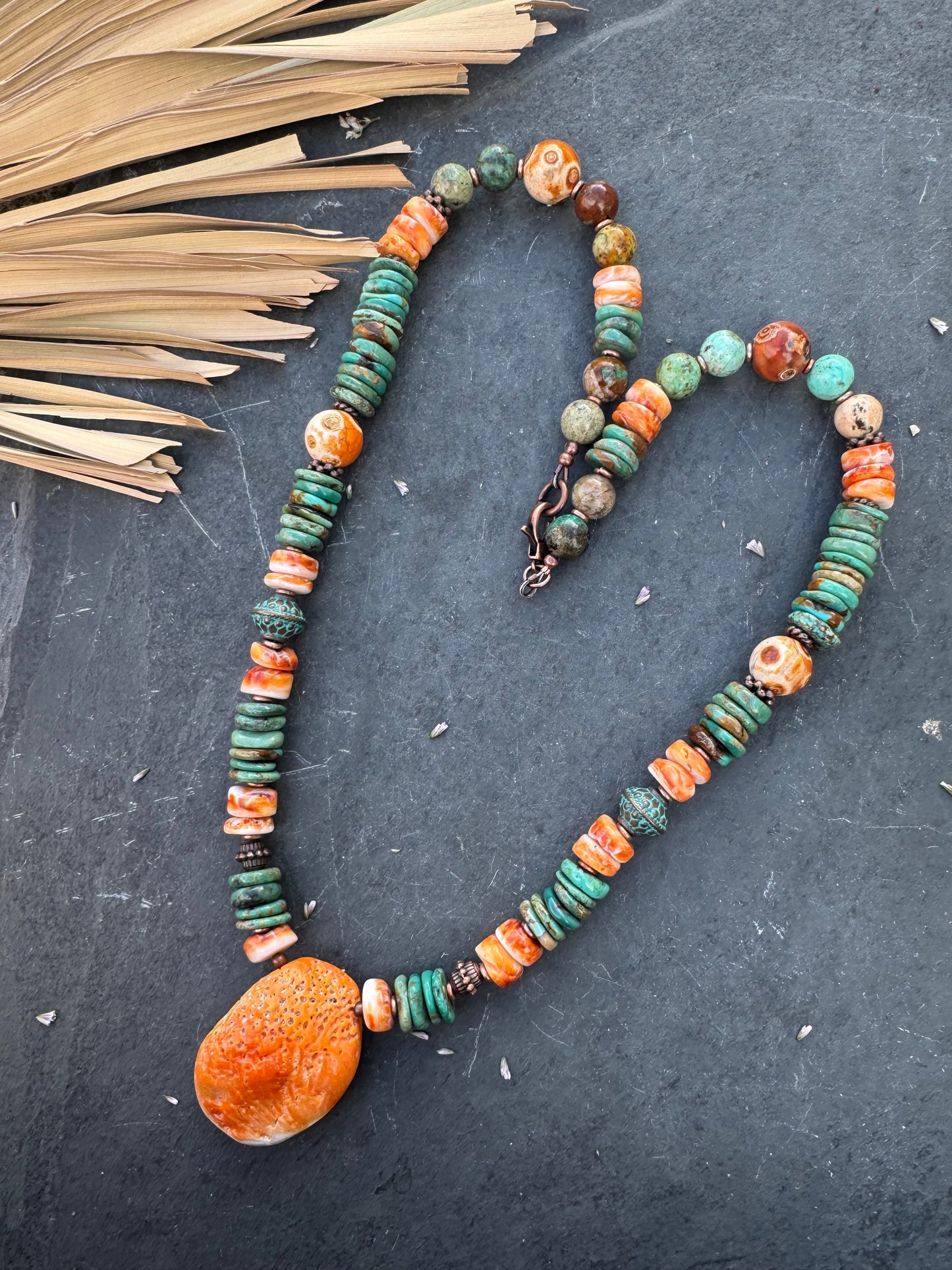 Hubei turquoise, spiny oyster, Peruvian Pine stone, copper metal, necklace