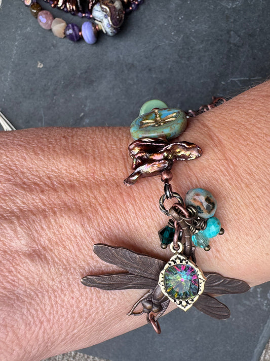 Dragonfly. Turquoise, agate, pearls, Czech glass, bracelet