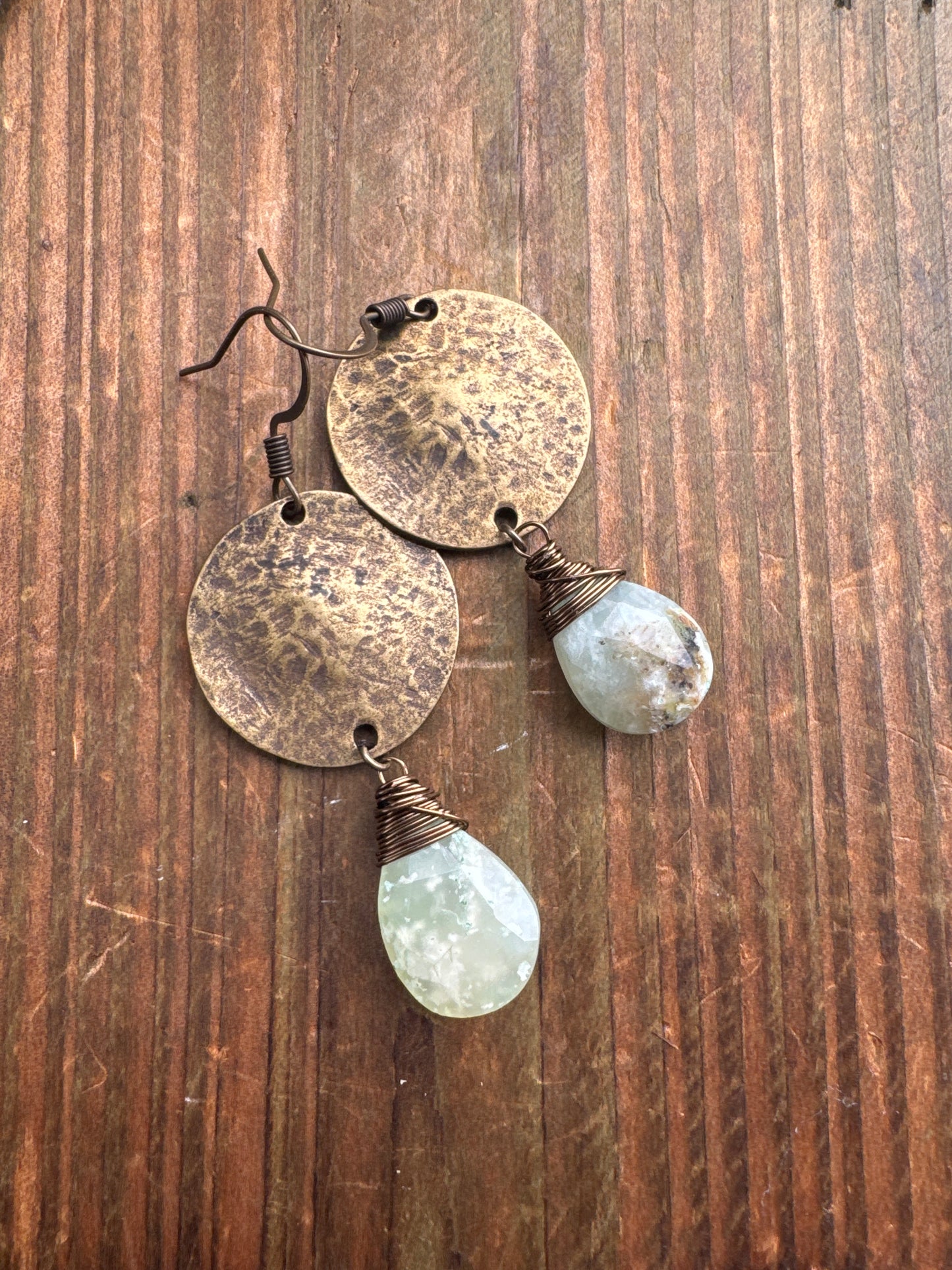 Brass hammered charms, chalcedony stone, earrings