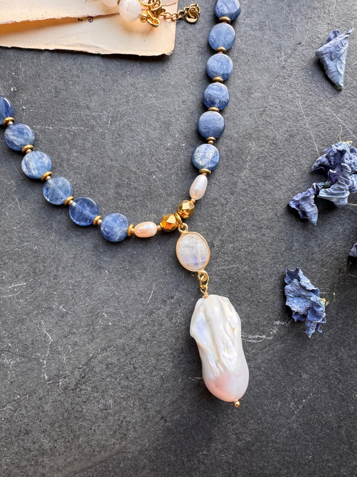 Selenite stone, moonstone, kyanite stone, freshwater pearl, gold metal, necklace
