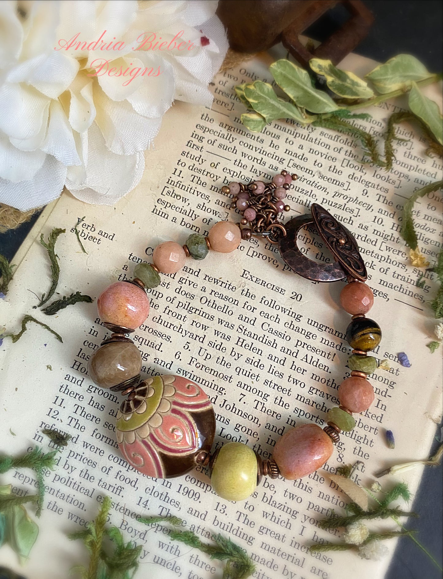 Ceramic beads, pink opal stone, green tourmaline, copper metal bracelet
