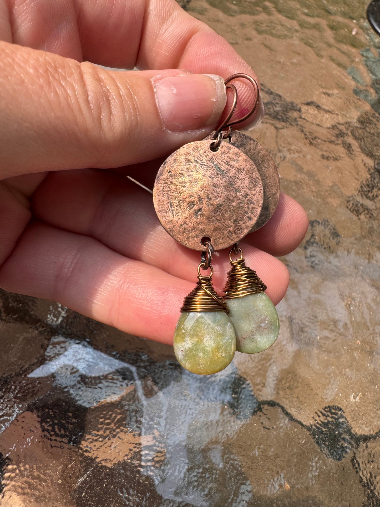 Green Jasper stone, copper metal, earrings