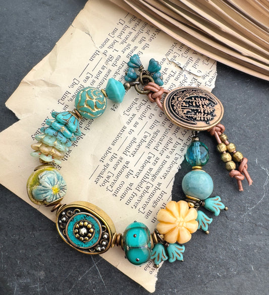 Handmade lampwork glass, Czech glass, ceramic, Indonesian with turquoise bead, bone flower and African brass, button flower, bracelet
