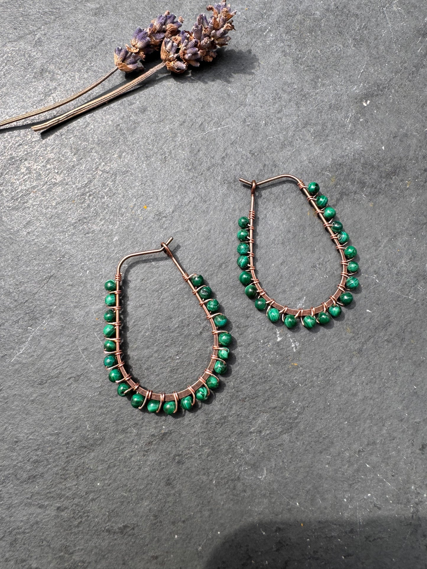 Malachite stone, copper metal hoop, earrings