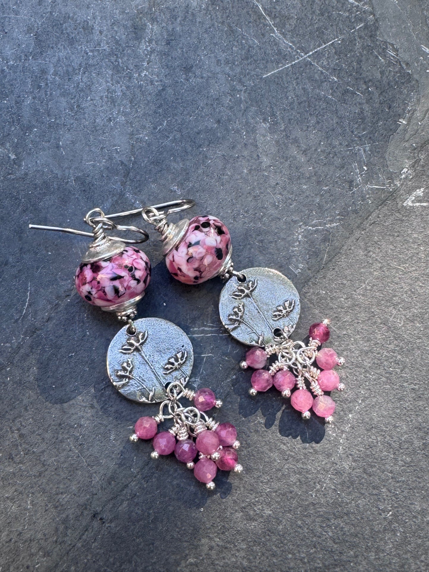 Handmade lampwork glass, silver pewter flower charm, pink tourmaline stone, earrings