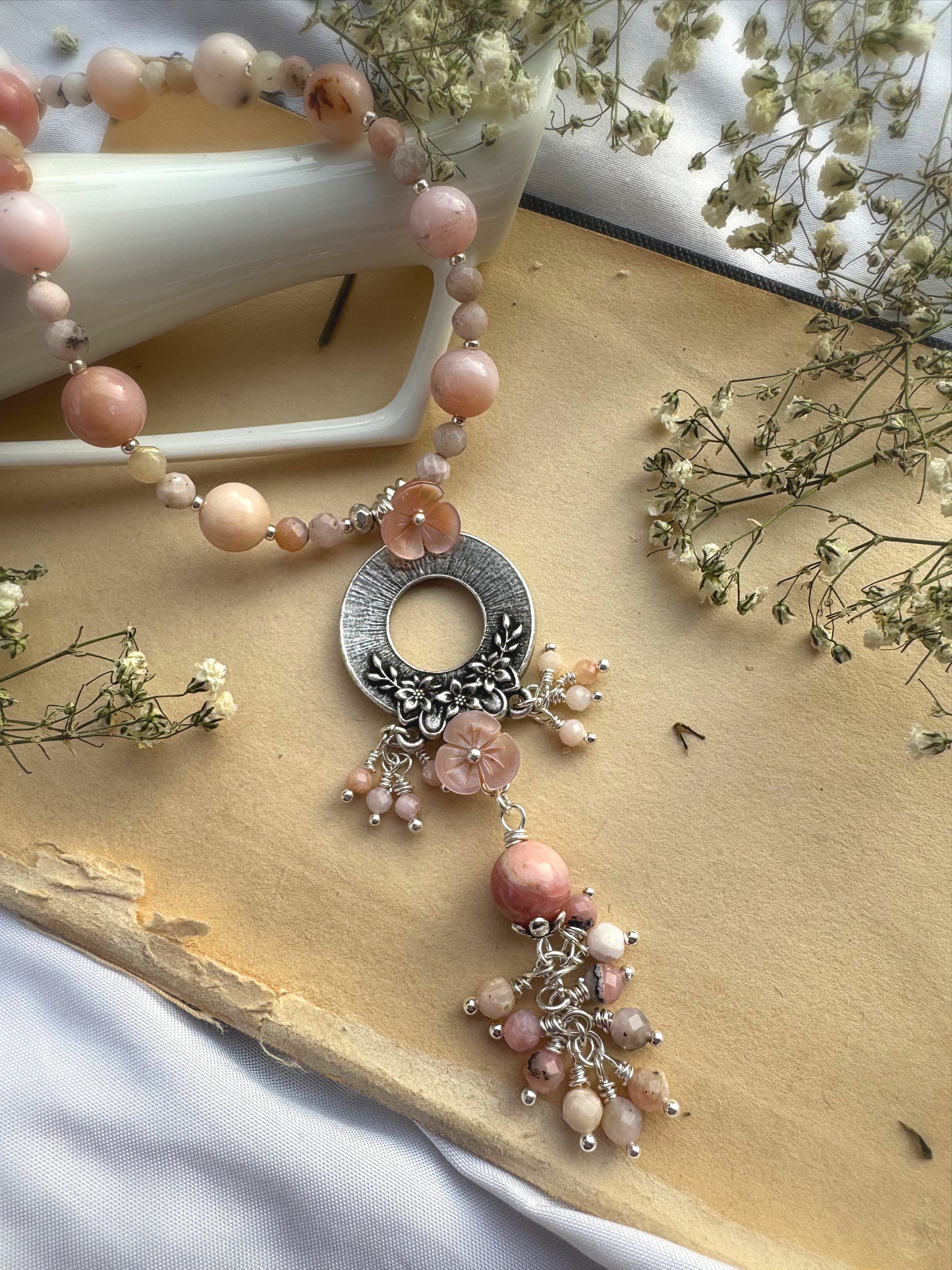 Pink opal, pink shell blossoms, silver metal blossom pendant, necklace.