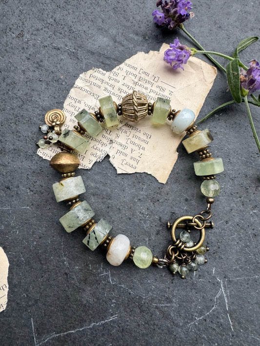 Prehnite stone, African brass, Chrysoprase stone, bracelet