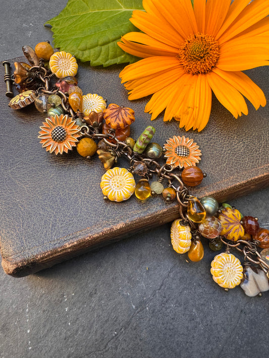 Sunflower and autumn. Mixed gemstone, Czech glass, bronze metal, charm bracelet.