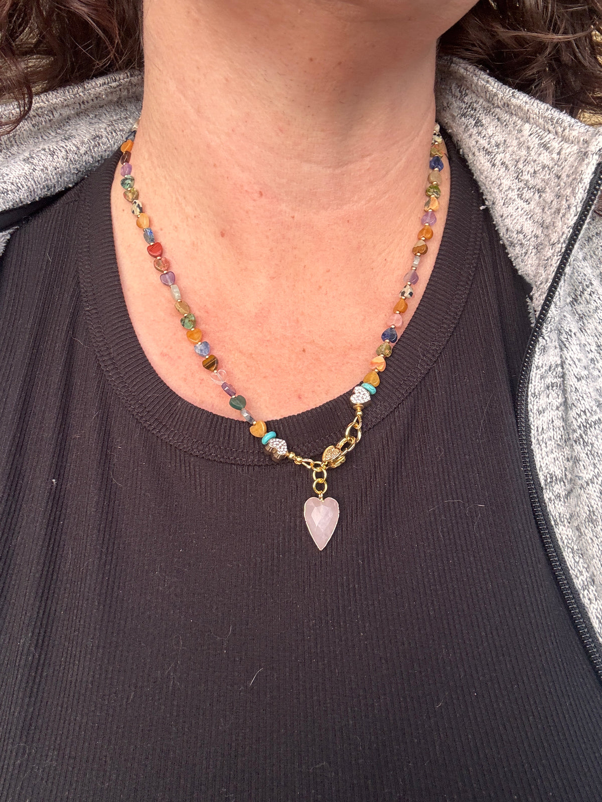 Mixed gemstone hearts, rhinestone beads, heart rose quartz pendant, and heart clasp, necklace