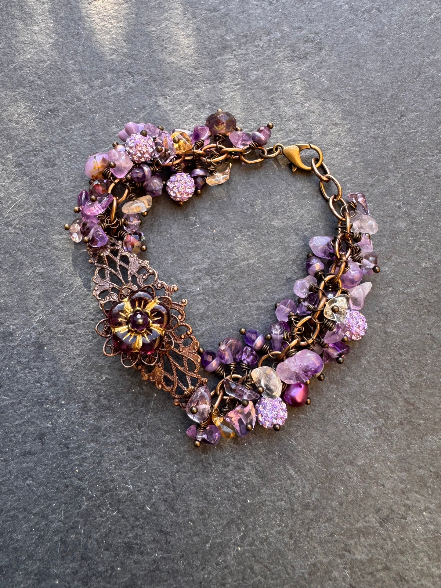 Amethyst, Ametrine stone, pearl, Czech glass, crystal, chocolate bronze metal, cuff style, bracelet