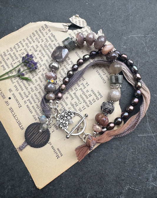 Peach & grey moonstone, grey pearls,  silk ribbon, and sterling silver metal.