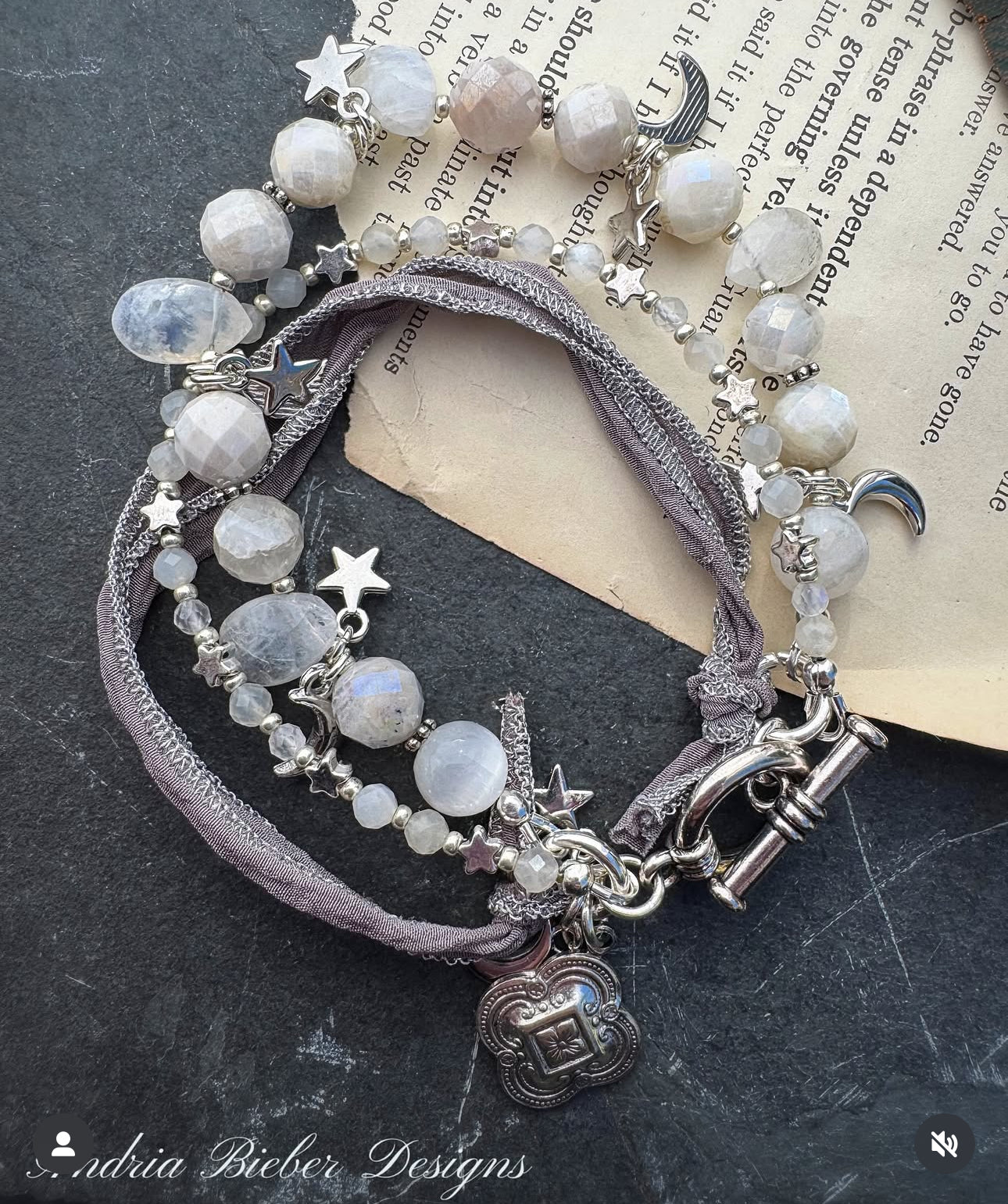 moonstone, labradorite, charm, ribbon, silver metal, bracelet