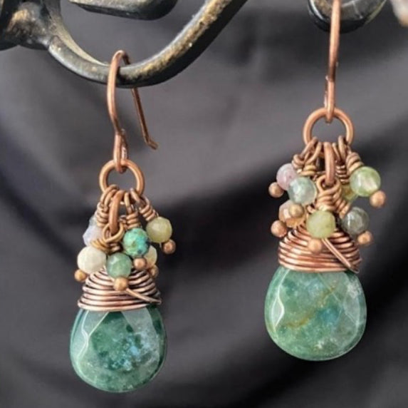 Green jasper stone drops, copper metal earrings, jewelry.