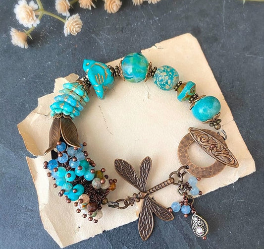 Turquoise, dragonfly, ceramic, Czech glass, brass metal, bracelet