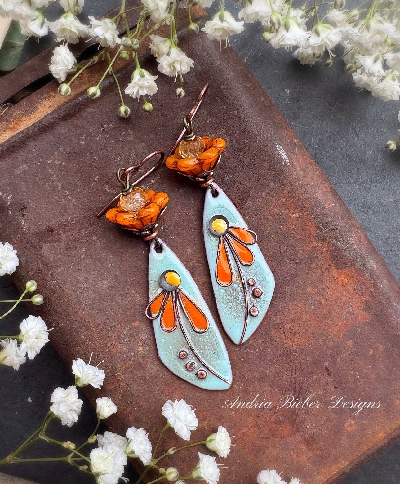 Enamel charm in glass and copper metal orange flowers, citrine, earrings