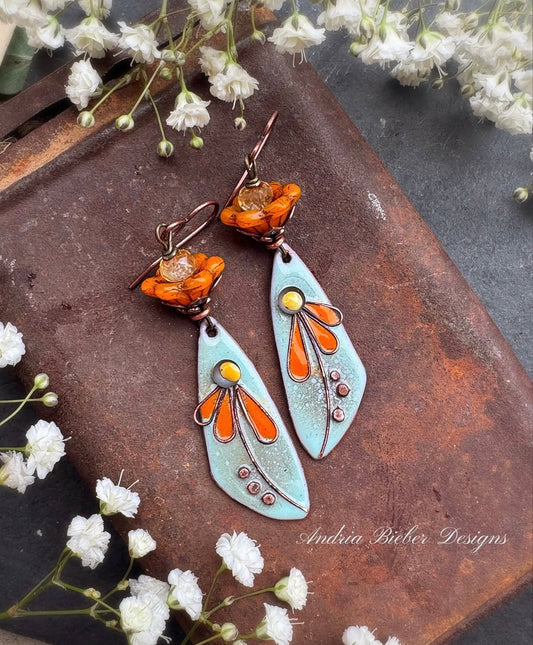 Enamel charm in glass and copper metal orange flowers, citrine, earrings