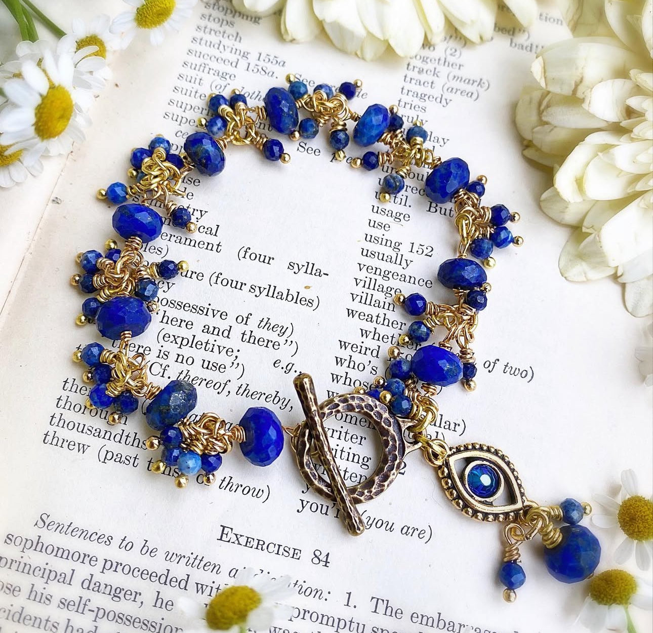 Lapis lazuli stone, gold metal, evil eye, bracelet. KIT