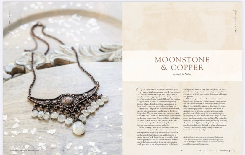 Moonstone and copper pendant, statement, necklace. Published in Belle Armoire Magazine. - Andria Bieber Designs 