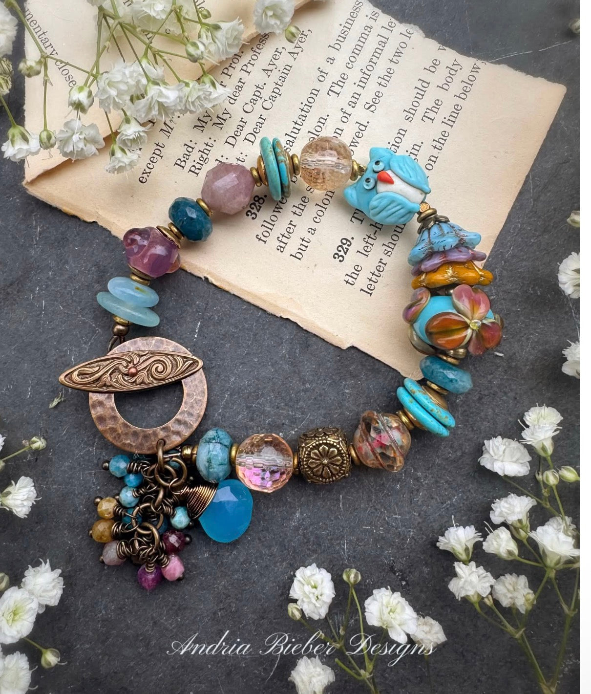 Amethyst, apatite, aquamarine, lampwork glass citrine, turquoise,bracelet