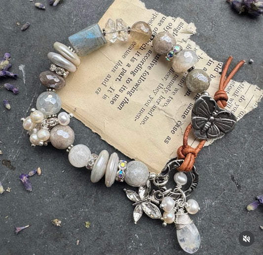 moonstone, pearls, selenite, labradorite, silver metal butterfly button, bracelet