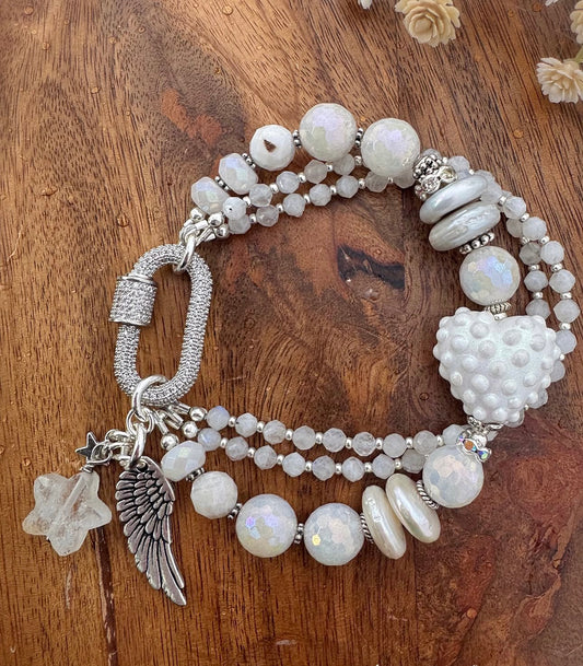 Polka dot heart Lamp work, mystic moonstone, pearls, clear quartz, silver metal, rhinestone twist clasp, bracelet. MTO.