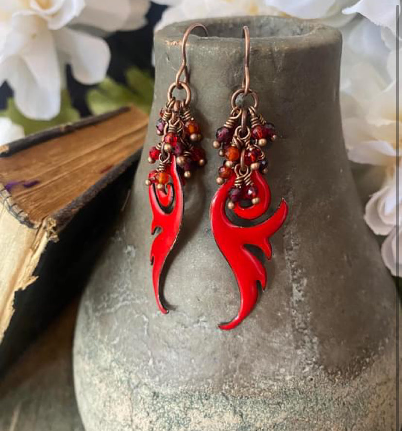 Red flame enamel charms, mixed stone, copper metal, earrings
