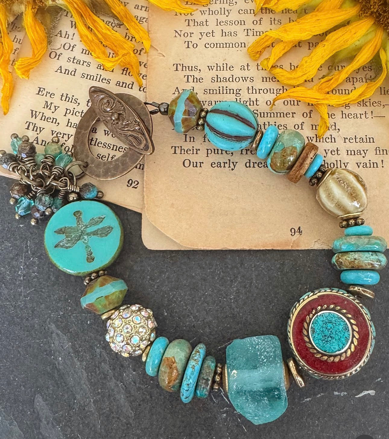 Hubei Turquoise stone, czech glass, Indonesian bead, ceramic bead, roman glass, rhinestone, brass, bracelet