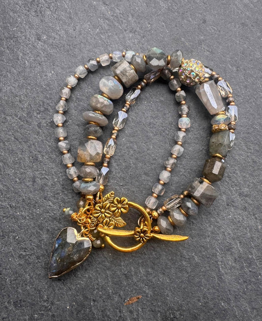 Labradorite and moonstone faceted stone, crystal, multi strand, bracelet.