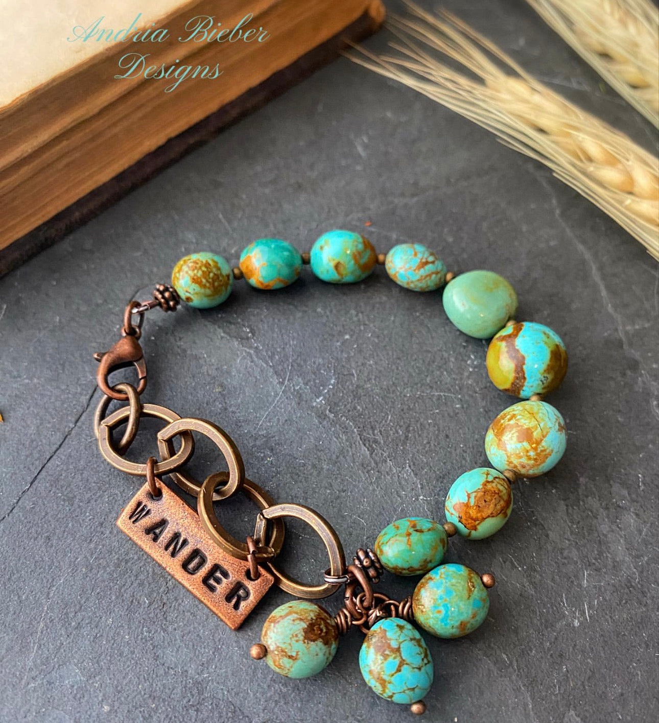 Turquoise, chain, wander charm, bracelet