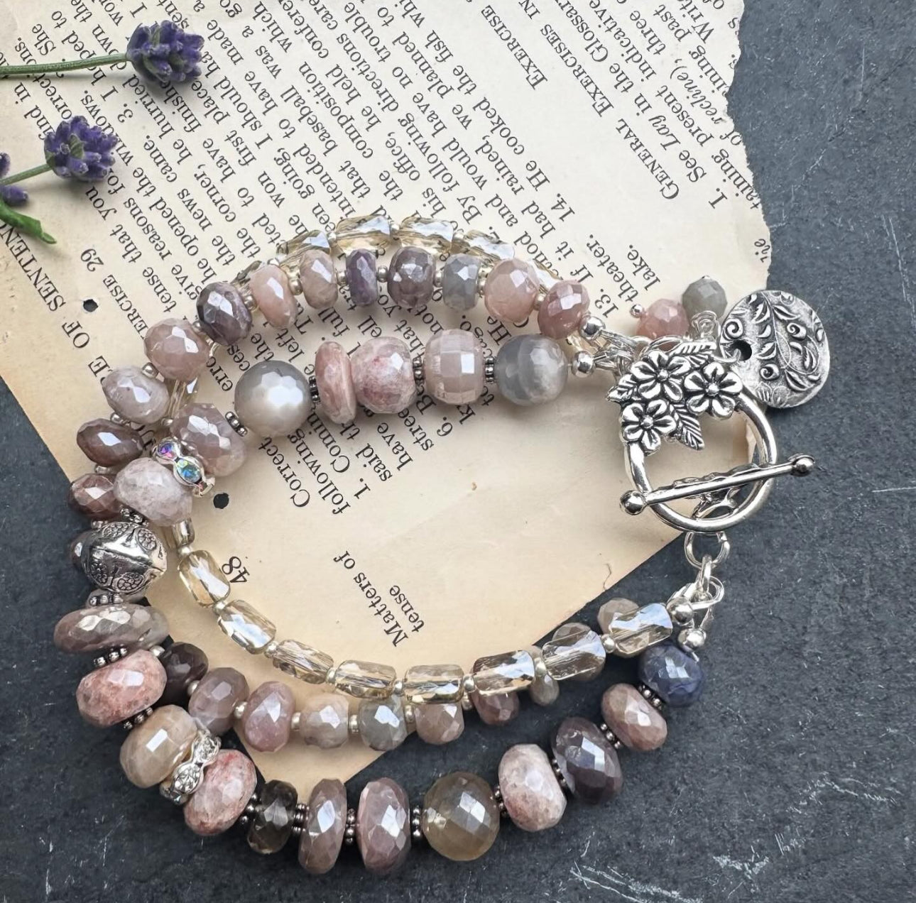 White, chocolate, peach & grey moonstone, crystal and silver metal. KIT— MTO -2 week turn around