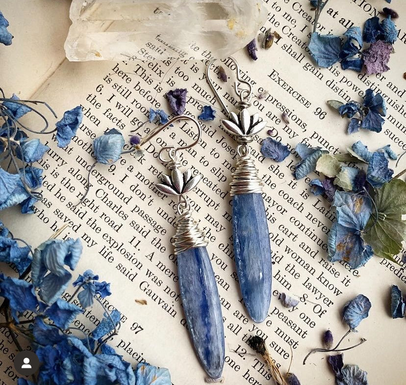 Kyanite blue stone drops, lotus flower charms, silver metal, wire wrapped, earrings