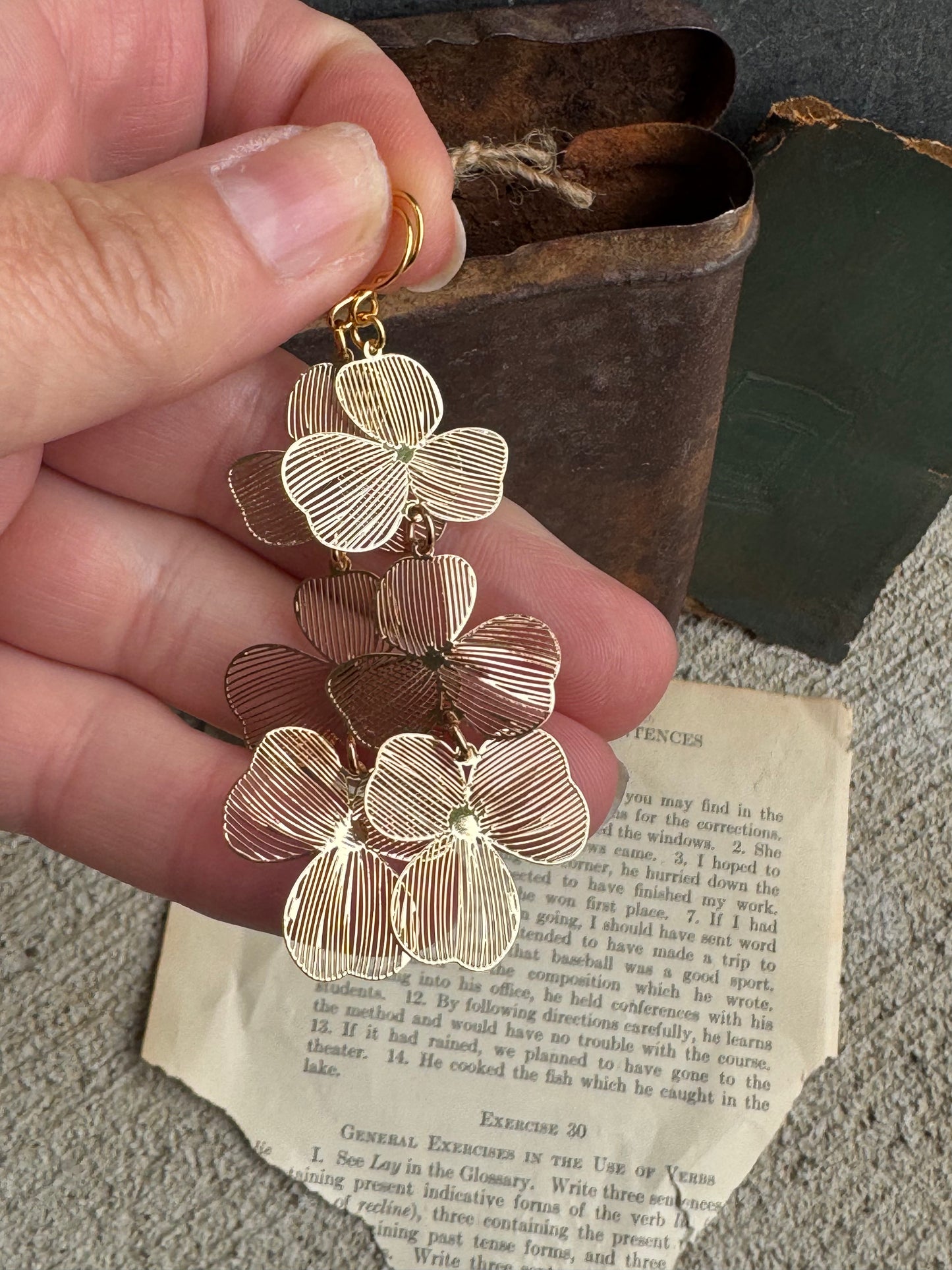 Gold leaf charm long lightweight earrings