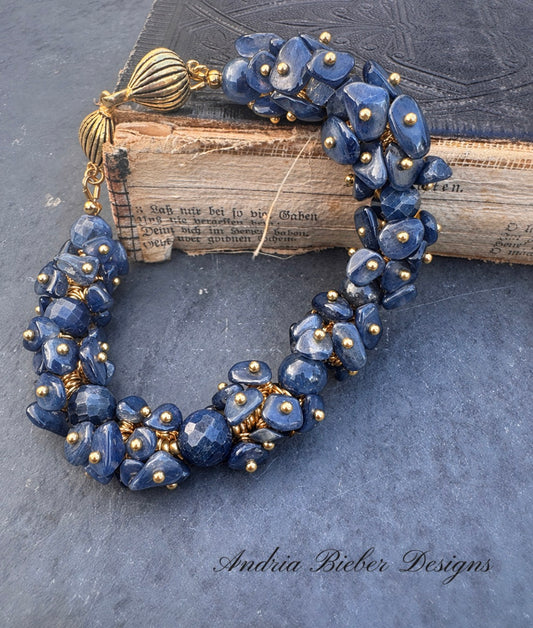Blue kyanite wire wrapped chip stone, silver, bracelet