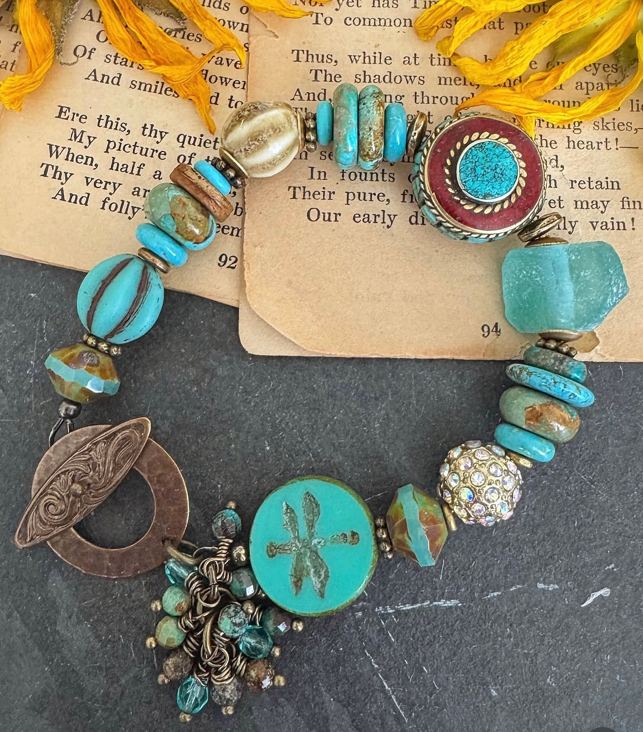 Hubei Turquoise stone, czech glass, Indonesian bead, ceramic bead, roman glass, rhinestone, brass, bracelet