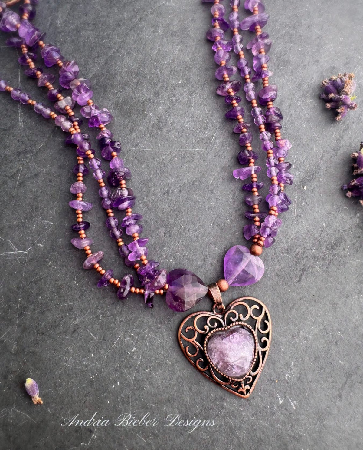 Heart of amethyst. Amethyst stone, copper metal, necklace
