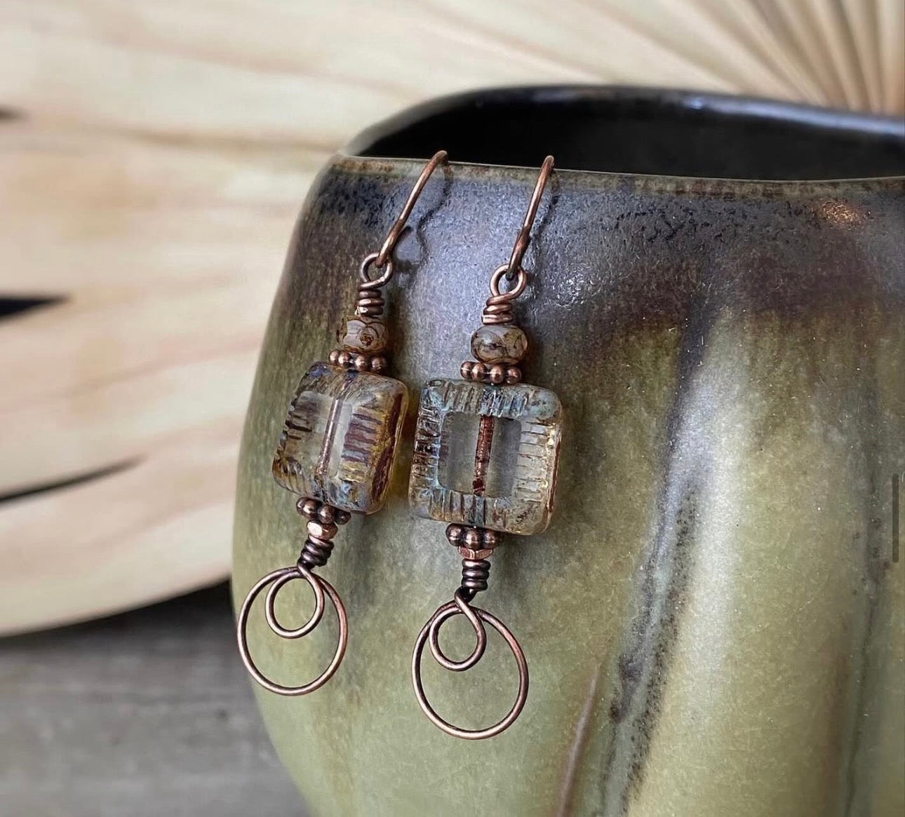 Czech glass, copper wire wrapped earrings.