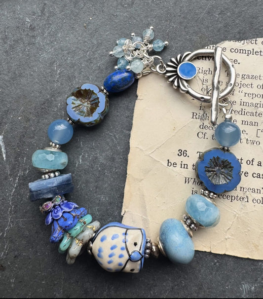 Owl. Blue. czech glass, lampwork glass, ceramic, silver metal.