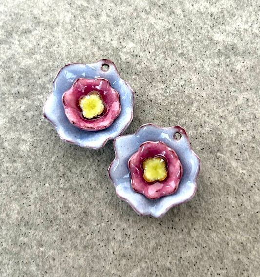 Enamel charm in glass and copper metal, floral ruffle charms, handmade lampwork glass, earrings