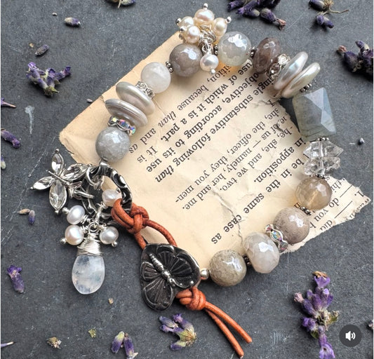 moonstone, pearls, selenite, labradorite, silver metal butterfly button, bracelet