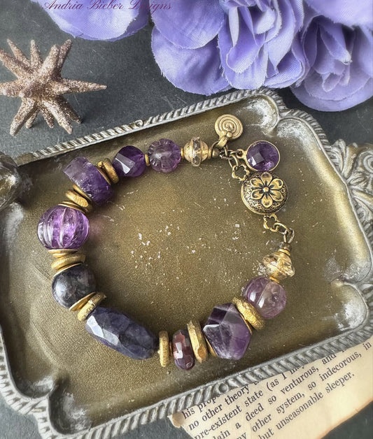 Labradorite, amethyst stone, Czech glass, bronze metal, bracelet, jewelry