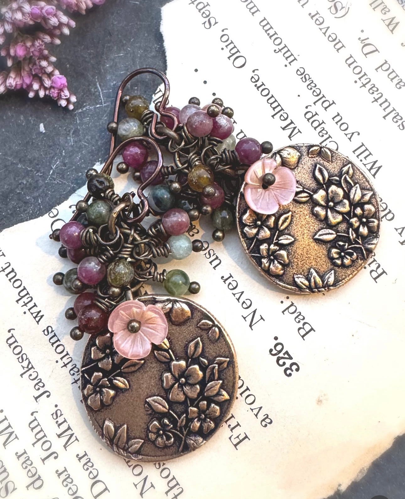 Watermelon tourmaline stone, pink shell blossom, bronze metal, earrings.
