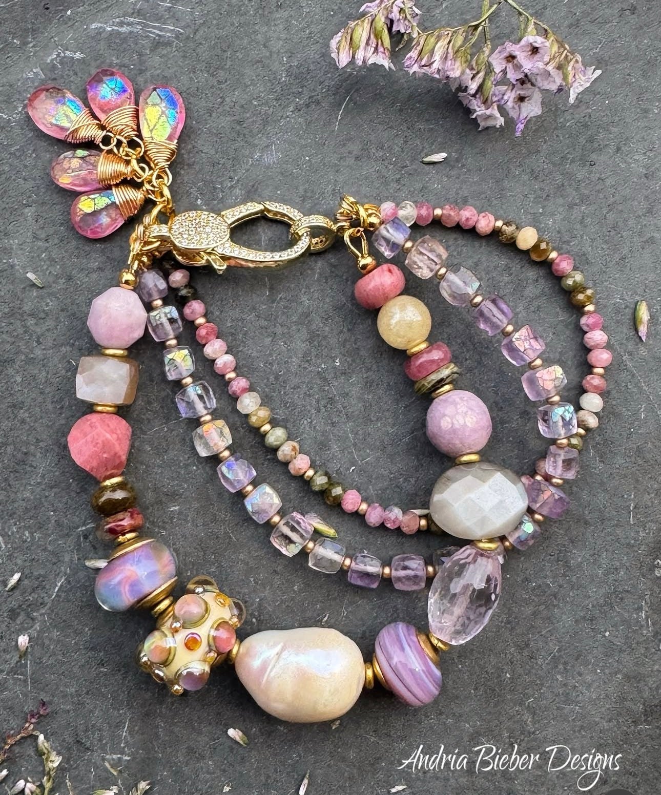 Handmade lampwork glass, amethyst, tourmaline, mixed stone, gold metal, bracelet. Rhinestone clasp. MTO