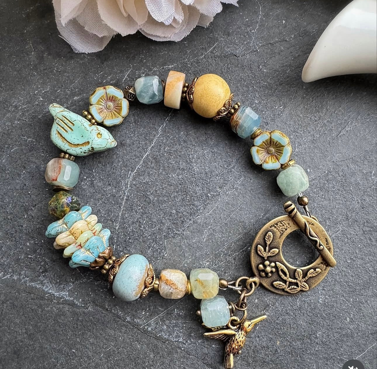 Blue bird. Mixed gemstone, ceramic beads, czech glass, bronze metal, bracelet